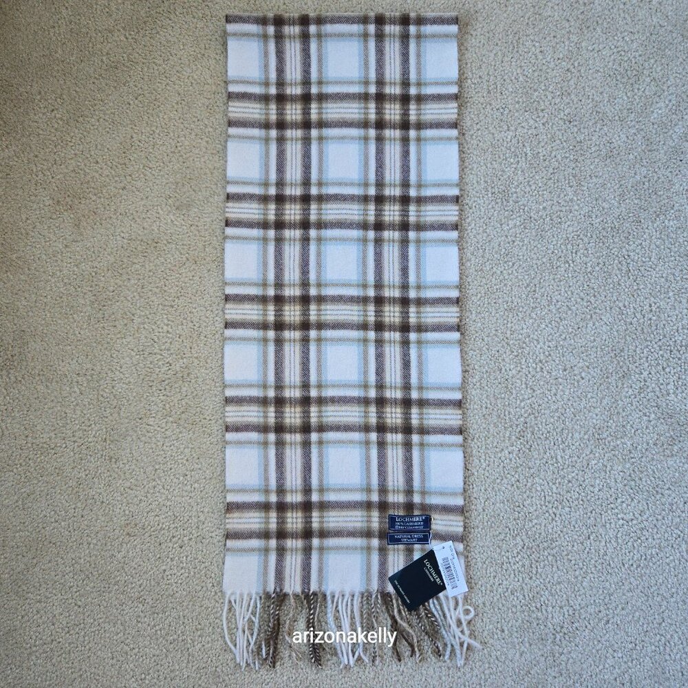 NWT Lochmere Cashmere Scarf Natural Dress Stewart Plaid Brown & Creme - Picture 7 of 8